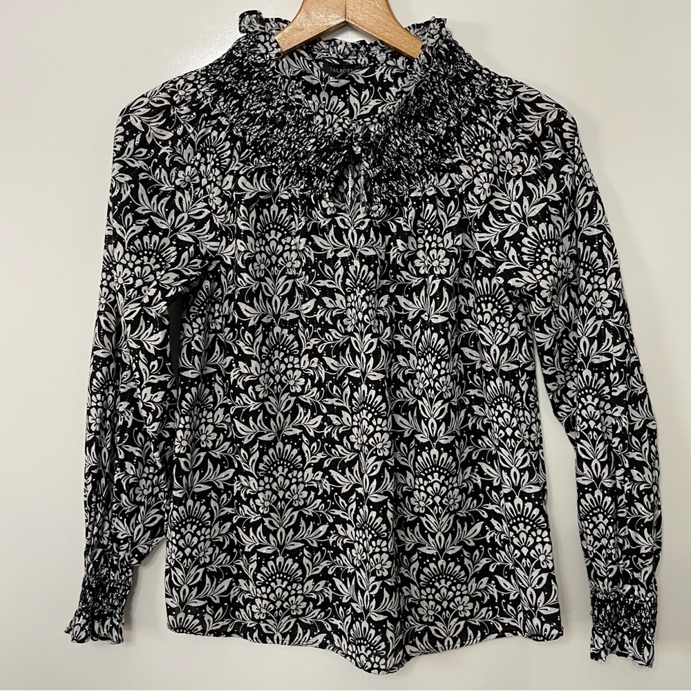 Talbots Long Sleeve Smocked Mock Neck Sparkle Floral Shirt Black White Womens S